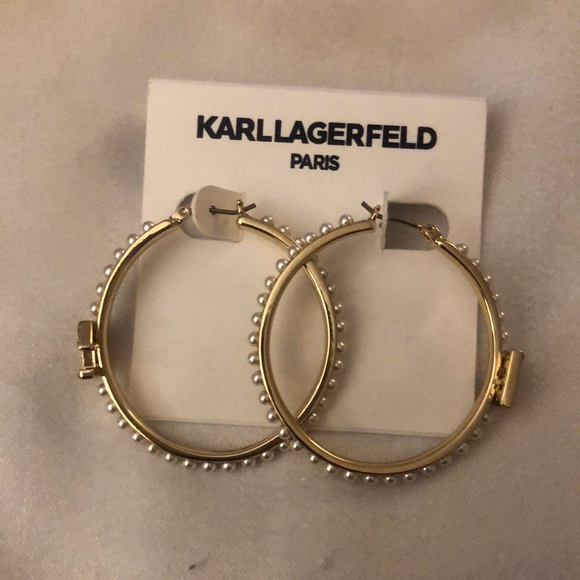 Karl Lagerfeld Paris Gold Tone Faux Pearl & Crystal Logo Hoop Earrings NWT - Picture 1 of 15
